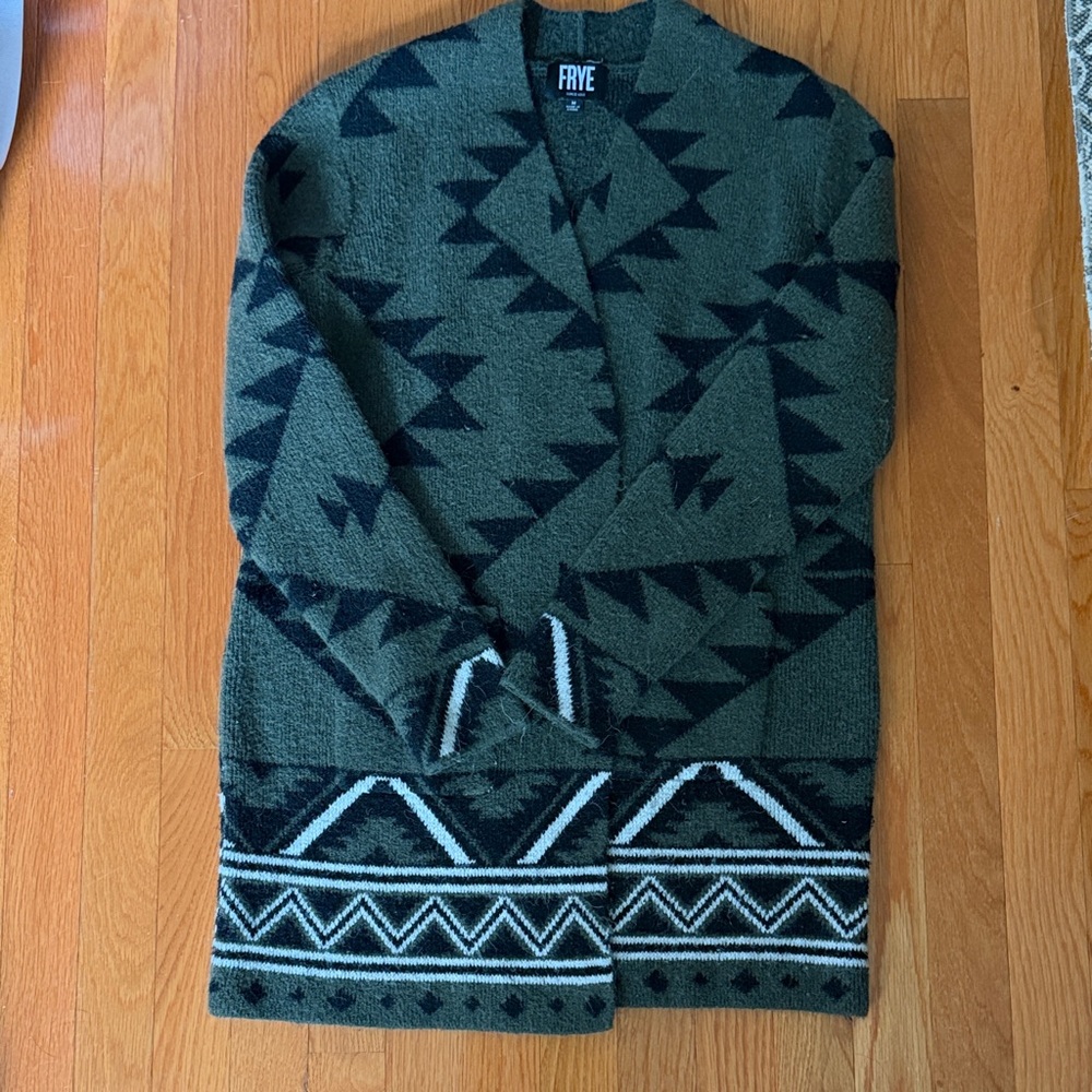 FRYE Green and Black Geometric Shawl Collar Cardigan